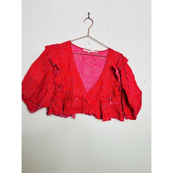 RHODE Red Printed 100% Cotton Short Sleeve V-Neckline Puff Sleeves Top size XL - Picture 2 of 16